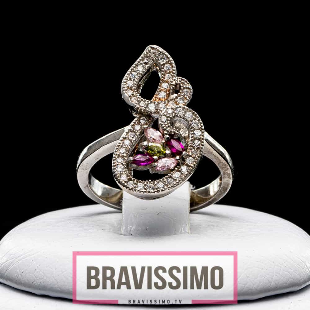 Серебряное кольцо с рубином, оливином, розовым топазом и фианитами