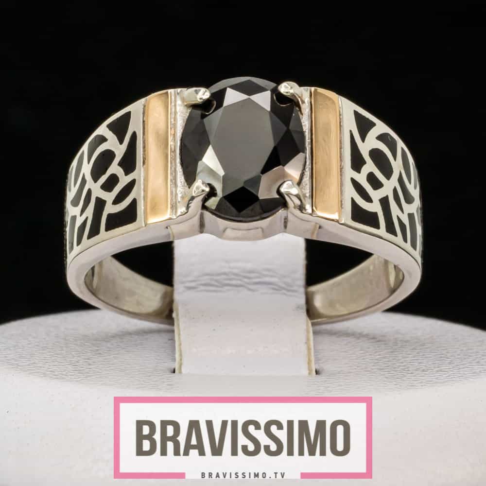 Серебряное кольцо с золотом, чёрным бриллианитом и эмалью