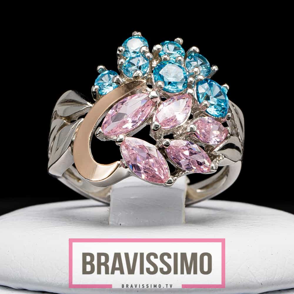 Серебряное кольцо с золотом, розовым  и голубым топазами