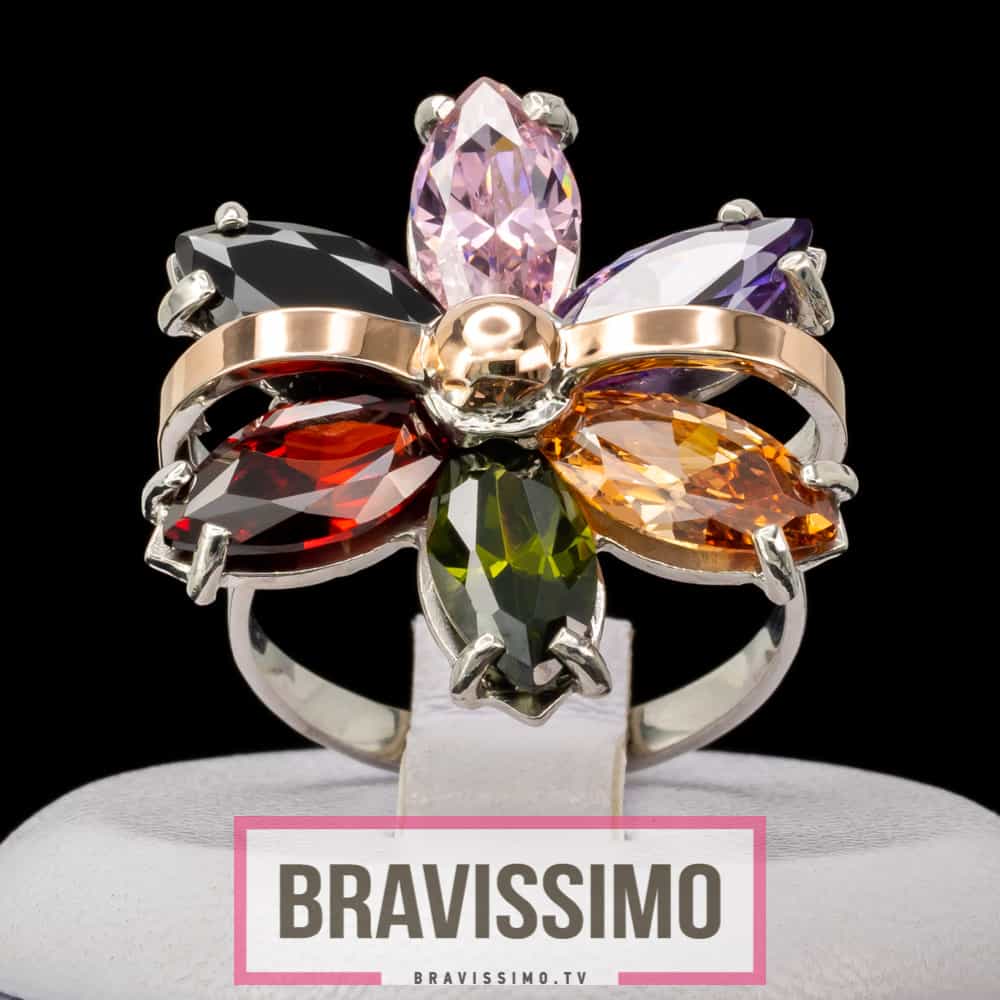Серебряное кольцо с золотом, чёрным бриллианитом, гранатом, аметистом, цитрином, оливином и розовым 