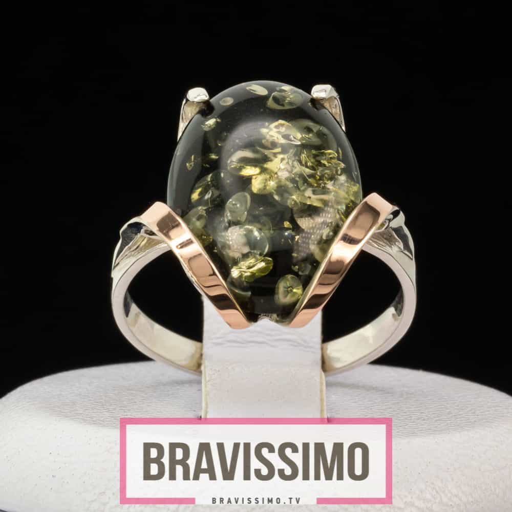 Серебряное кольцо с золотом и зеленым янтарём