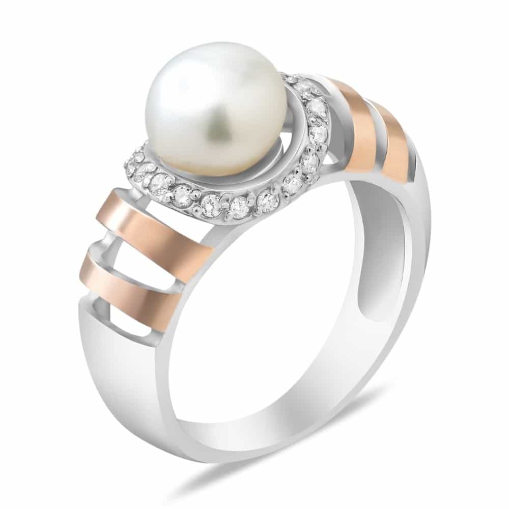 Серебряное кольцо с золотом, белым жемчугом и фианитами