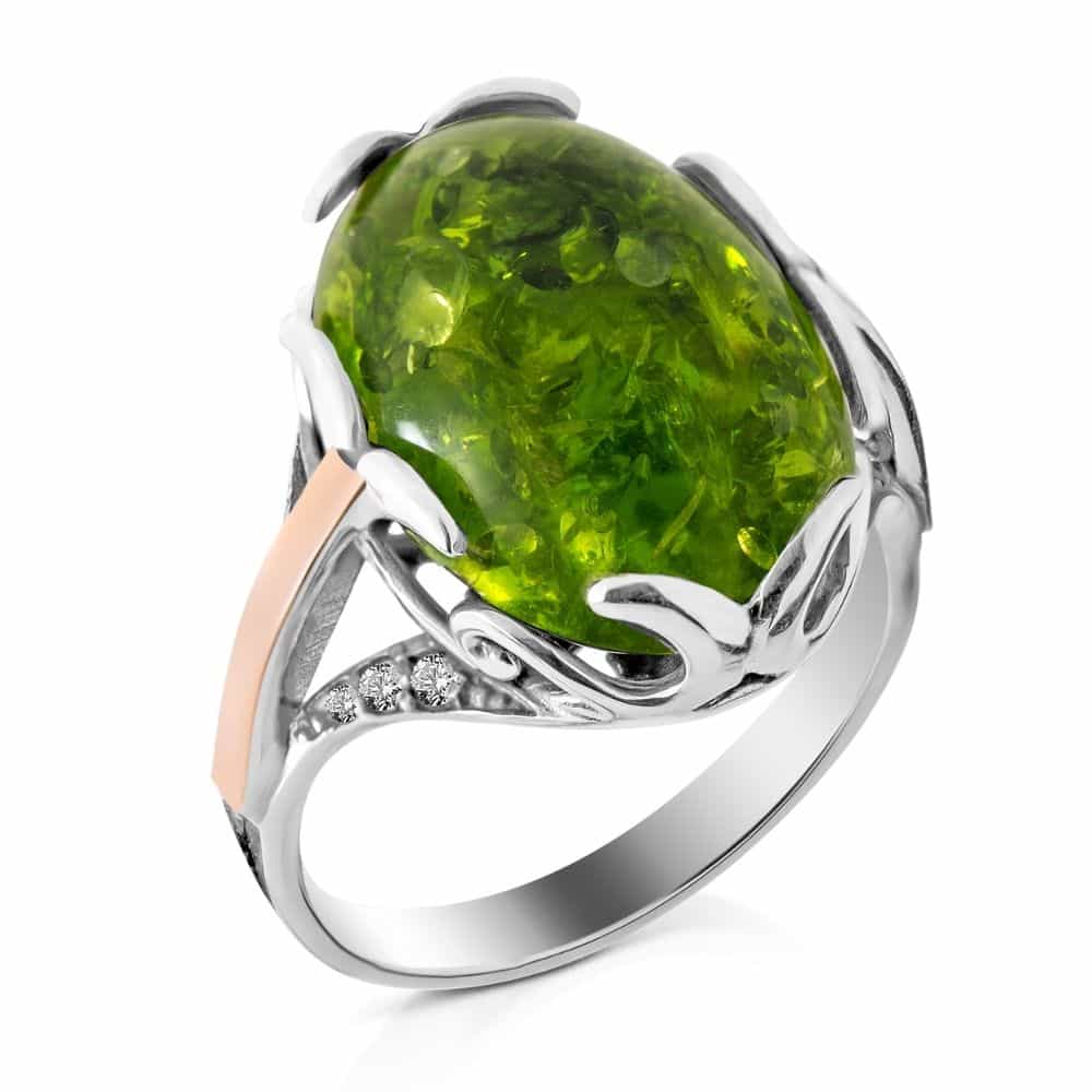Серебряное кольцо с золотом и зелёным янтарём