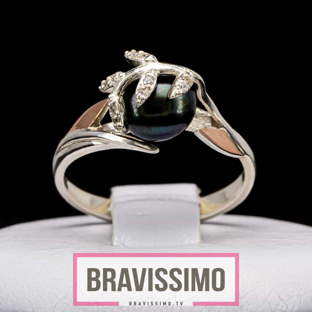 Серебряное кольцо с золотом, чёрным жемчугом и фианитами