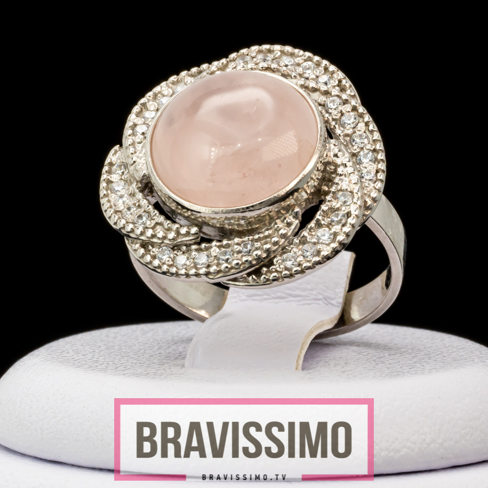 Серебряное кольцо с розовым кварцем и фианитами