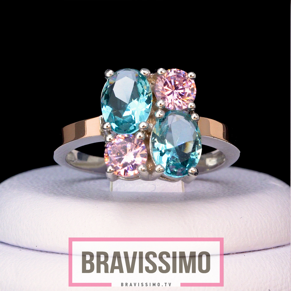Серебряное кольцо с золотом, розовым и голубым топазами