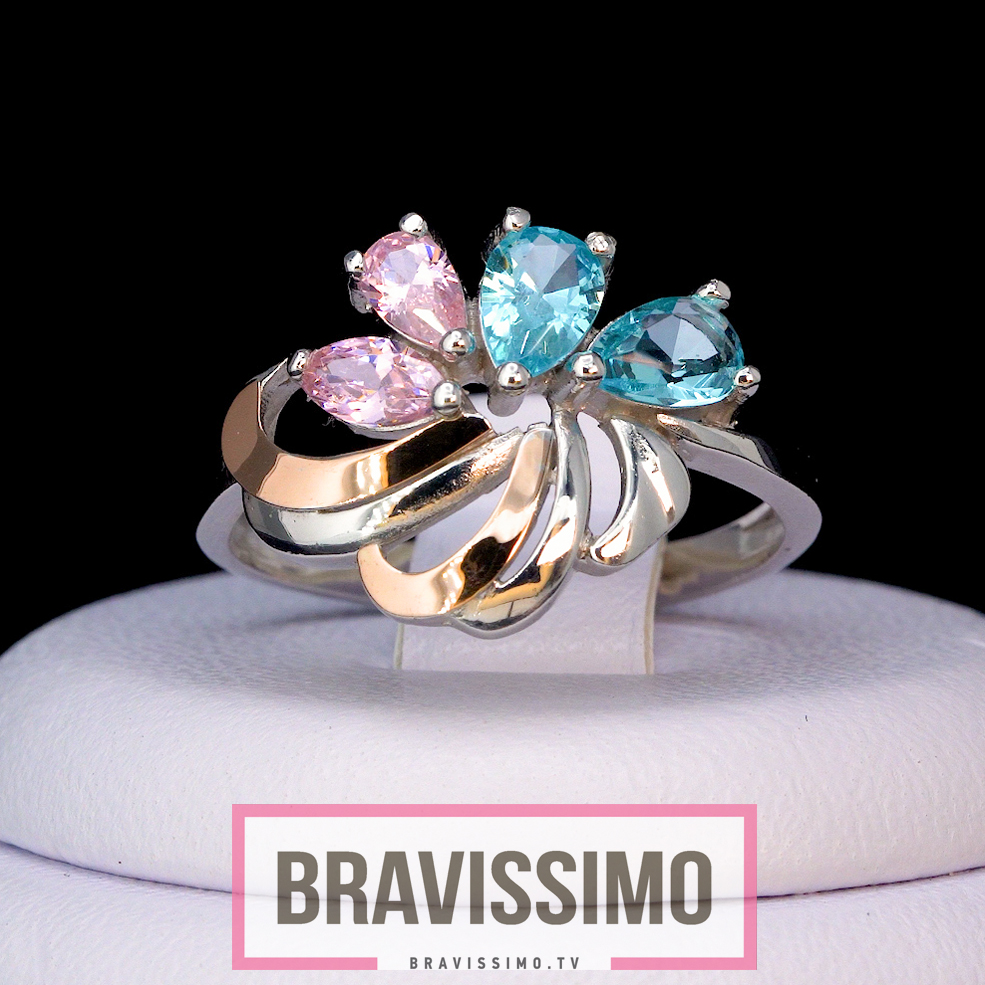Серебряное кольцо с золотом, розовым и голубым топазами