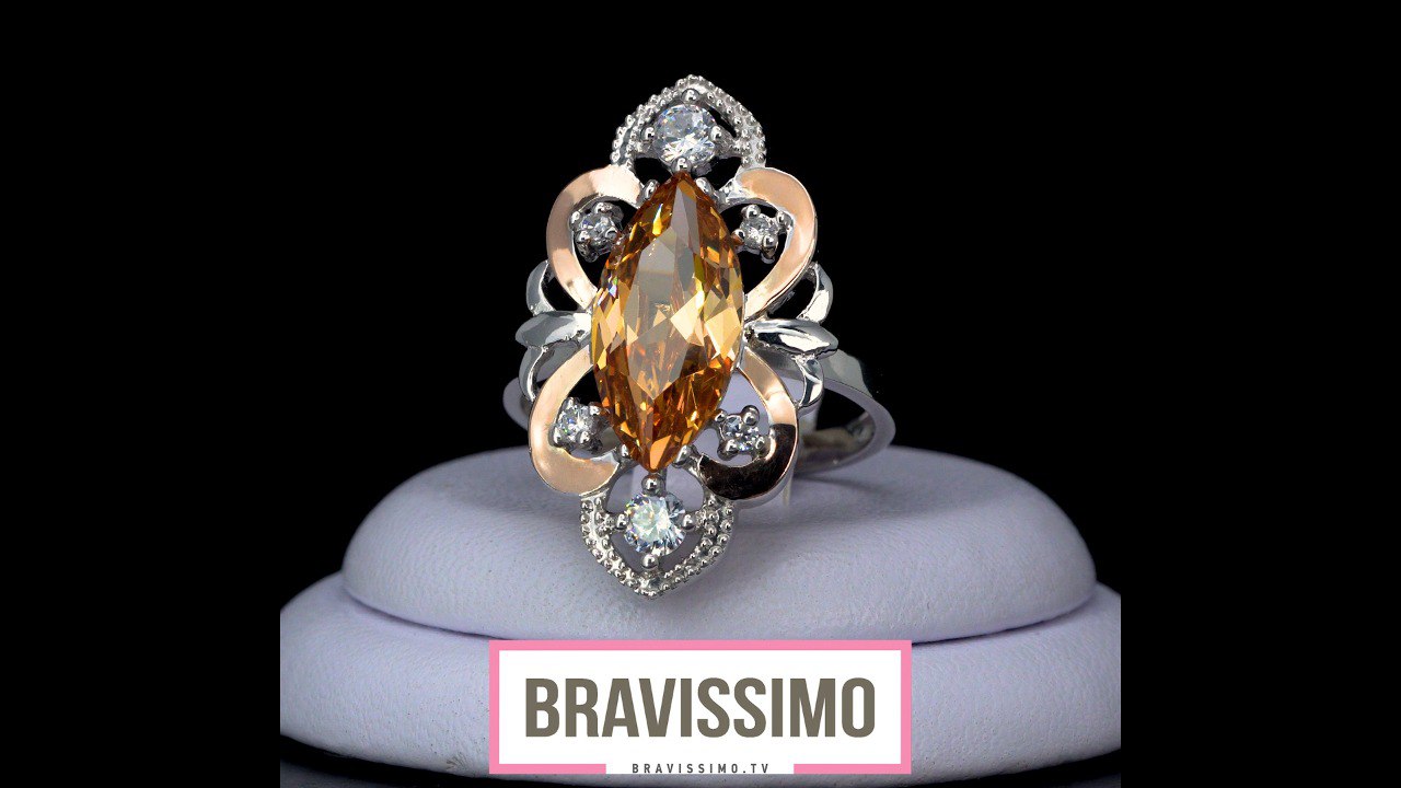 Серебряное кольцо с золотом, цитрином, бриллианитом и фианитами