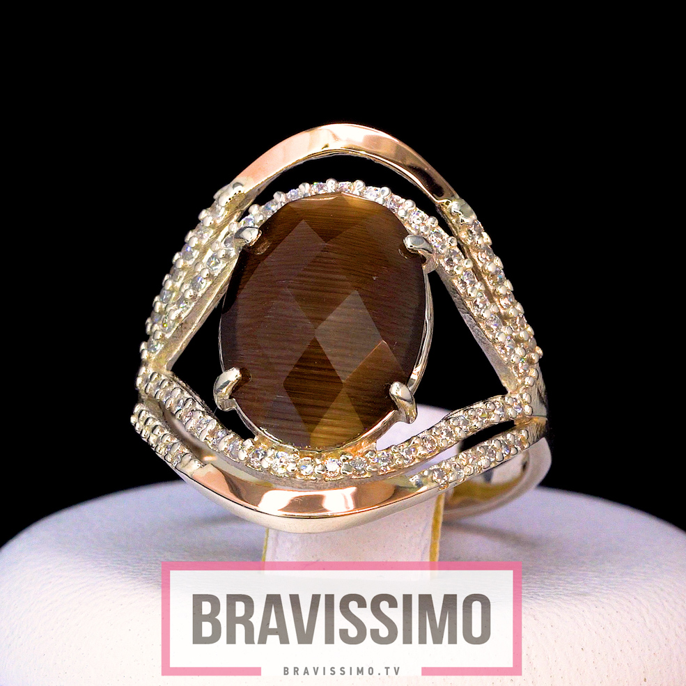 Серебряное кольцо с золотом, коричневым улекситом и фианитами