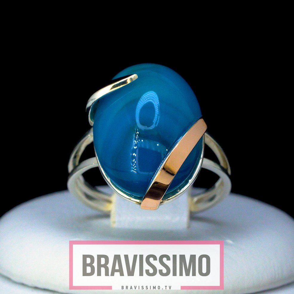 Серебряное кольцо с золотом и синим агатом