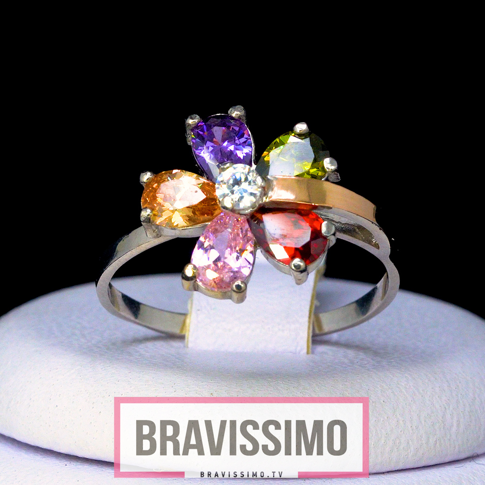 Серебряное кольцо с золотом, розовым топазом, аметистом, цитрином, гранатом, оливином и бриллианитом