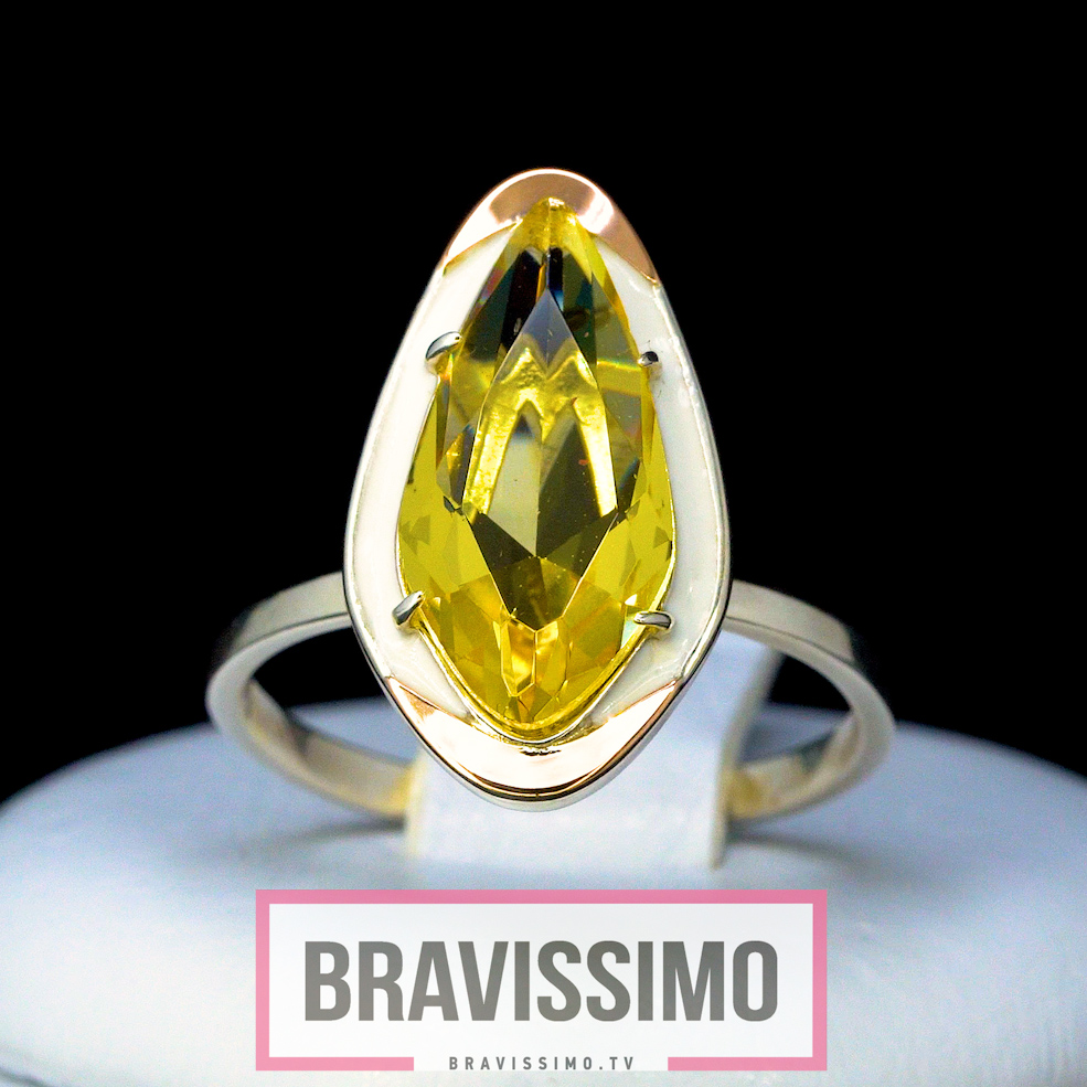 Серебряное кольцо с золотом, лимонным топазом и белой эмалью