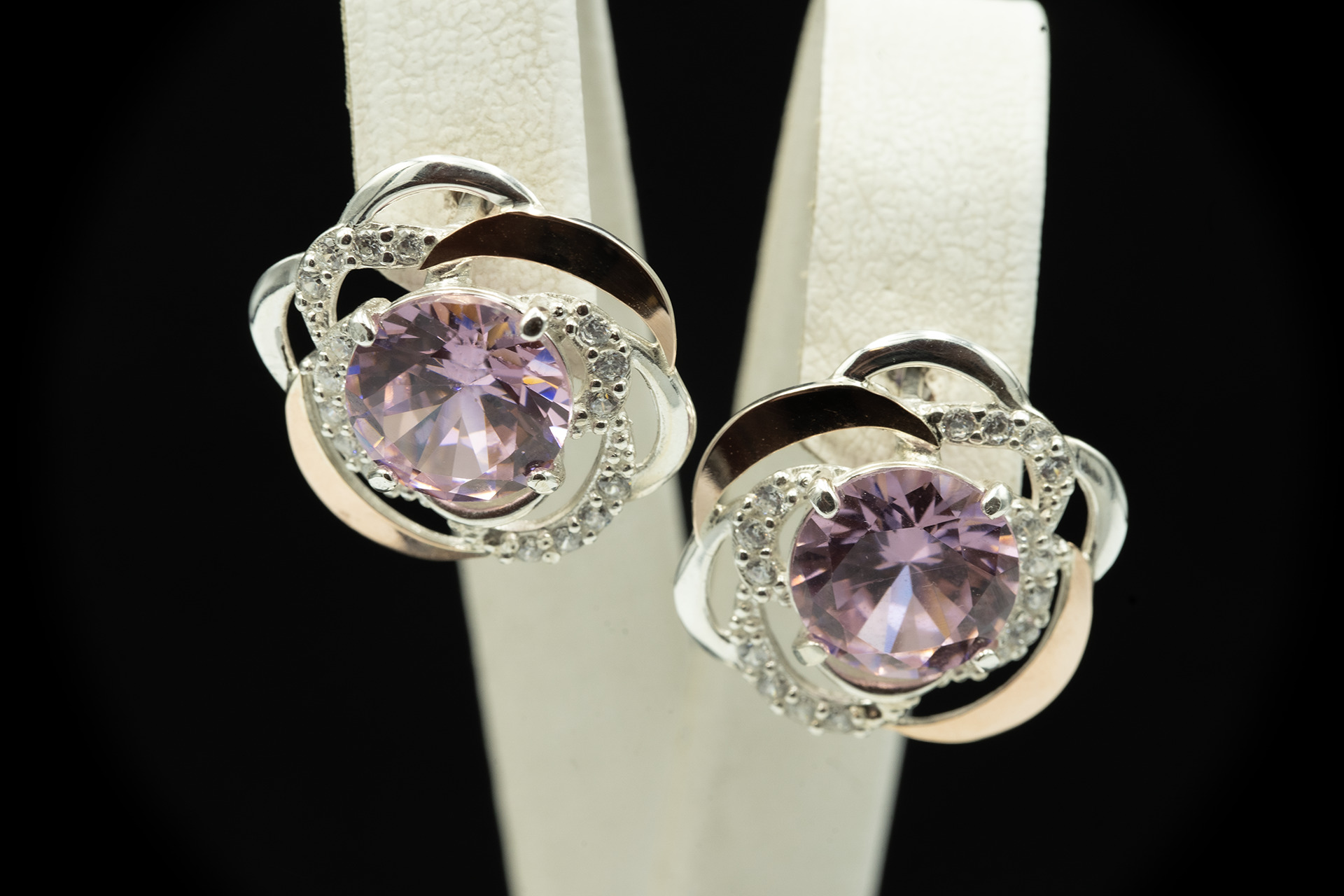 Серебряные серьги с золотом, розовым топазом и фианитами