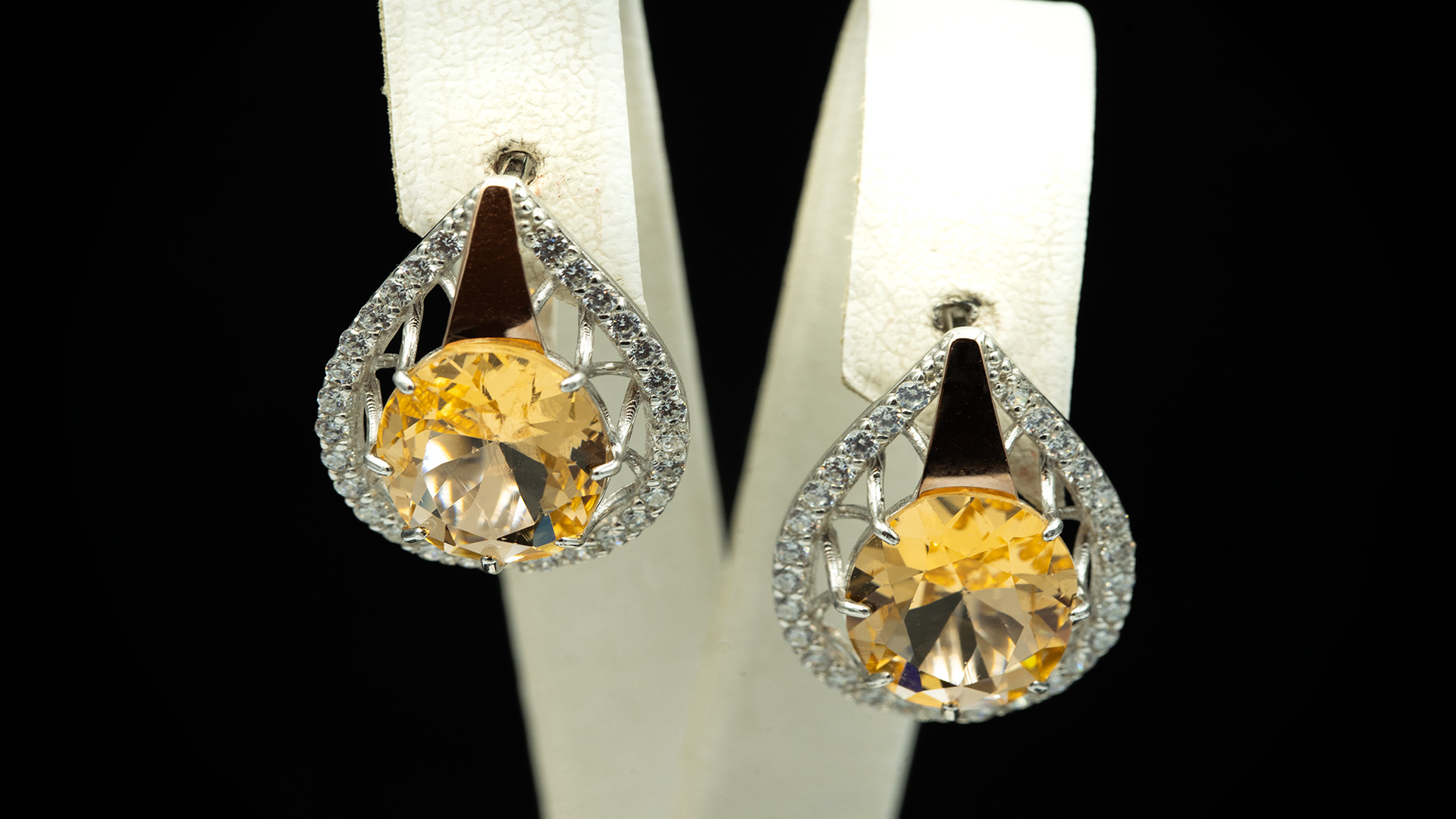 Серебряные серьги с золотом, цитрином и фианитами