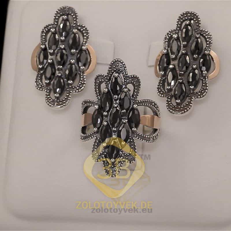 Набор из черненого серебра со вставками золота, черными бриллианитами и фианитами, покрытие родий